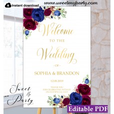 Burgundy Navy welcome sign template,Burgundy wedding welcome sign,(43w)